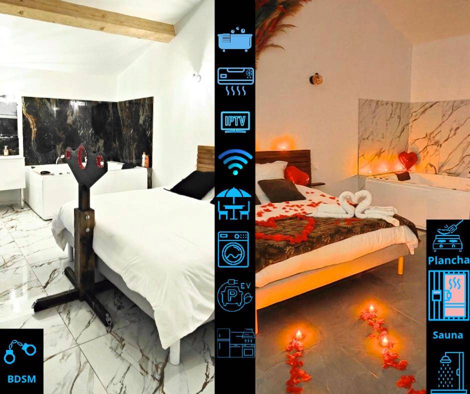 Espace nuit avec croix de Saint - André et jacuzzi - Maisons Plaisir & Pulsion Spa Sauna Privé