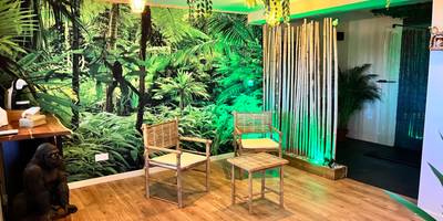Salon thématique jungle avec mobilier en bambou - Le Maquis Rooms