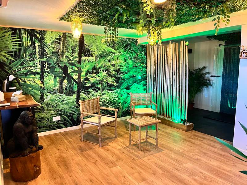 Salon thématique jungle avec mobilier en bambou - Le Maquis Rooms