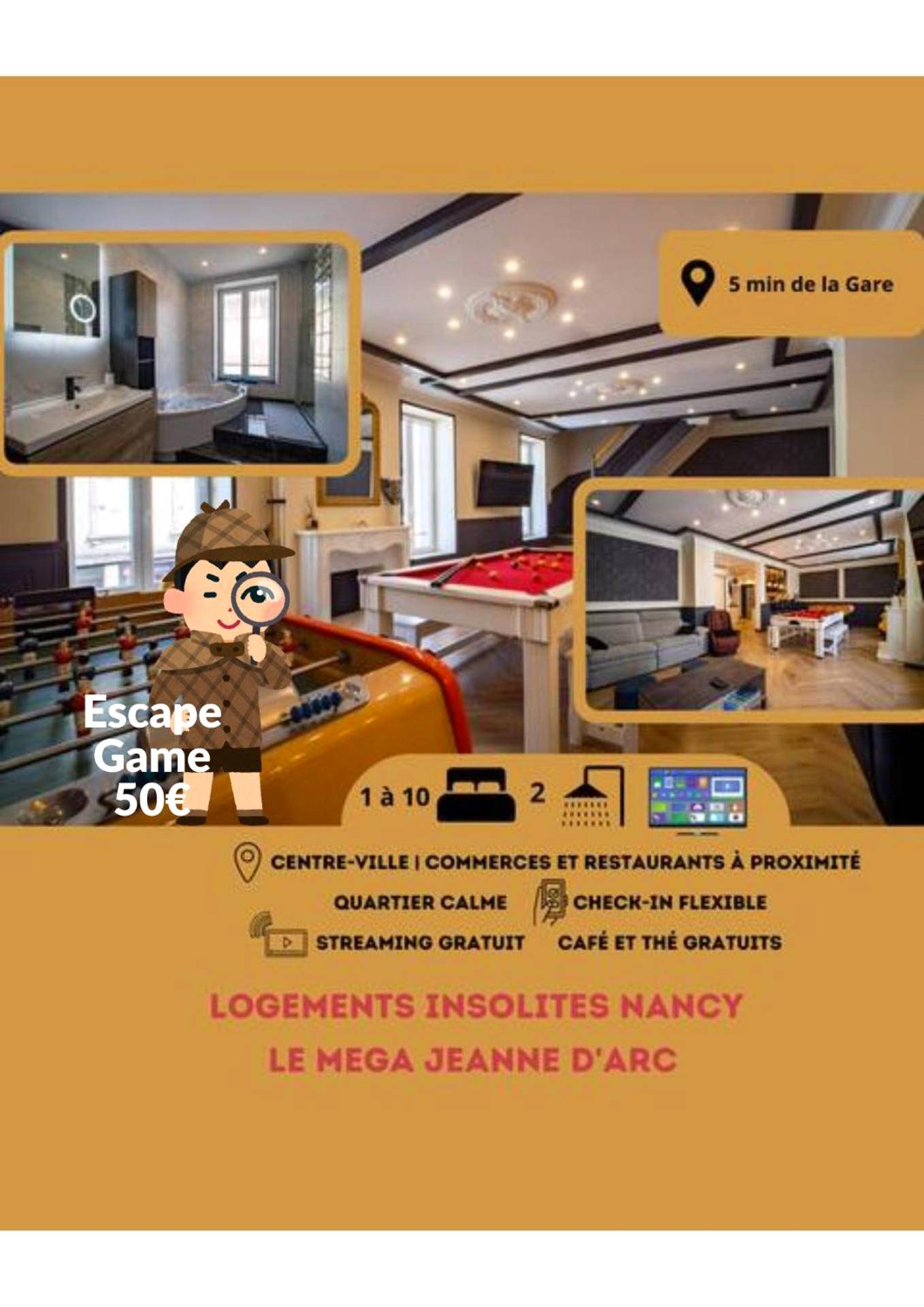 Espace de jeux avec billard et baby - foot - Love Room Nancy - Méga Jeanne d'Arc Billard Baby Foot en option Escape Game...