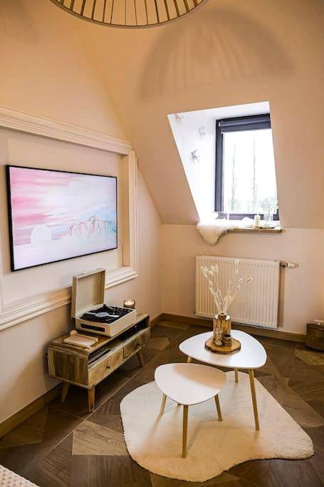 Salon avec platine vinyle et télévision - La Mezzanine de l'Etoile suite avec jacuzzi privé