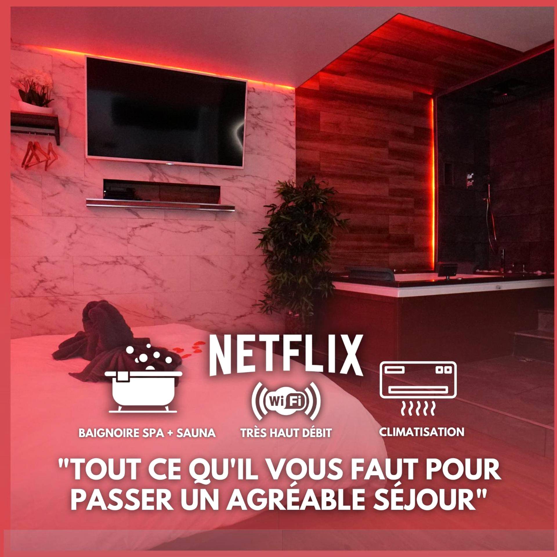 Baignoire spa et écran plat sous néon rouge - Love Room La Seyne - sur - Mer - Suite morning star