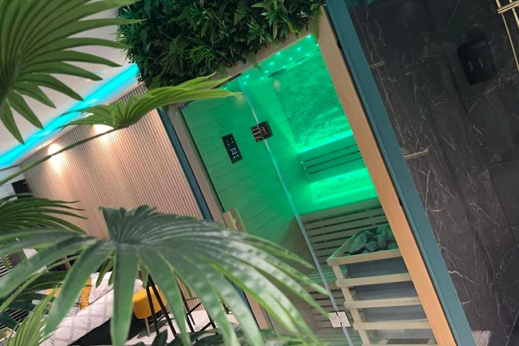 Sauna traditionnel avec éclairage LED vert - Murano Gold Gîte avec SPA & SAUNA Privatif