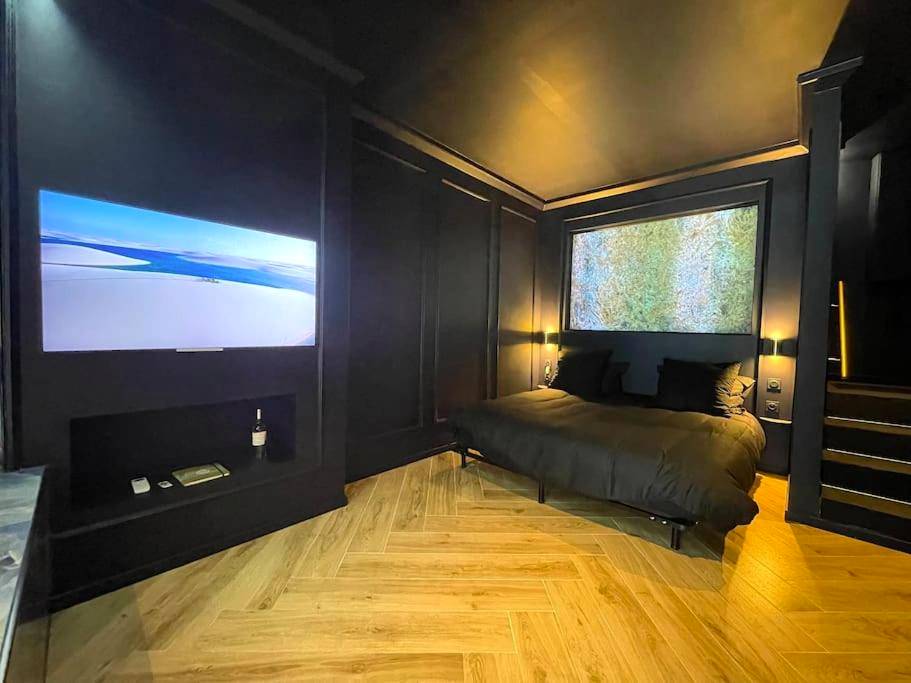 Chambre sombre avec TV et parquet en chevrons - myinsolite - l'onyx