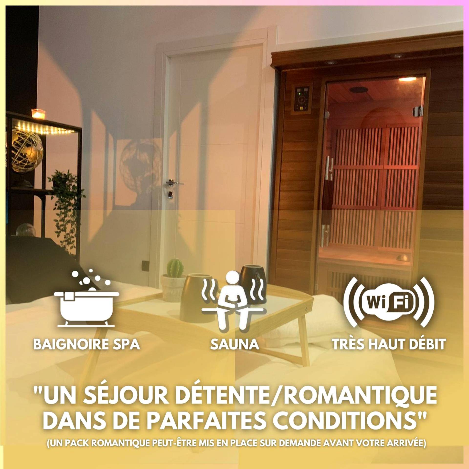 Sauna traditionnel en bois et plateau d'accueil - Love Room Dole - Appartement Spa - NAHLEO Industriel