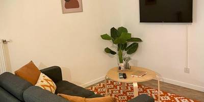 Salon avec canapé gris et tapis graphique orange - Nature&Spa Appartement avec Jacuzzi & Sauna privé