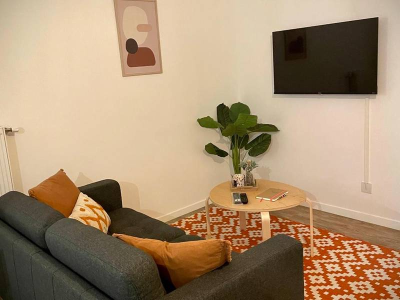 Salon avec canapé gris et tapis graphique orange - Nature&Spa Appartement avec Jacuzzi & Sauna privé