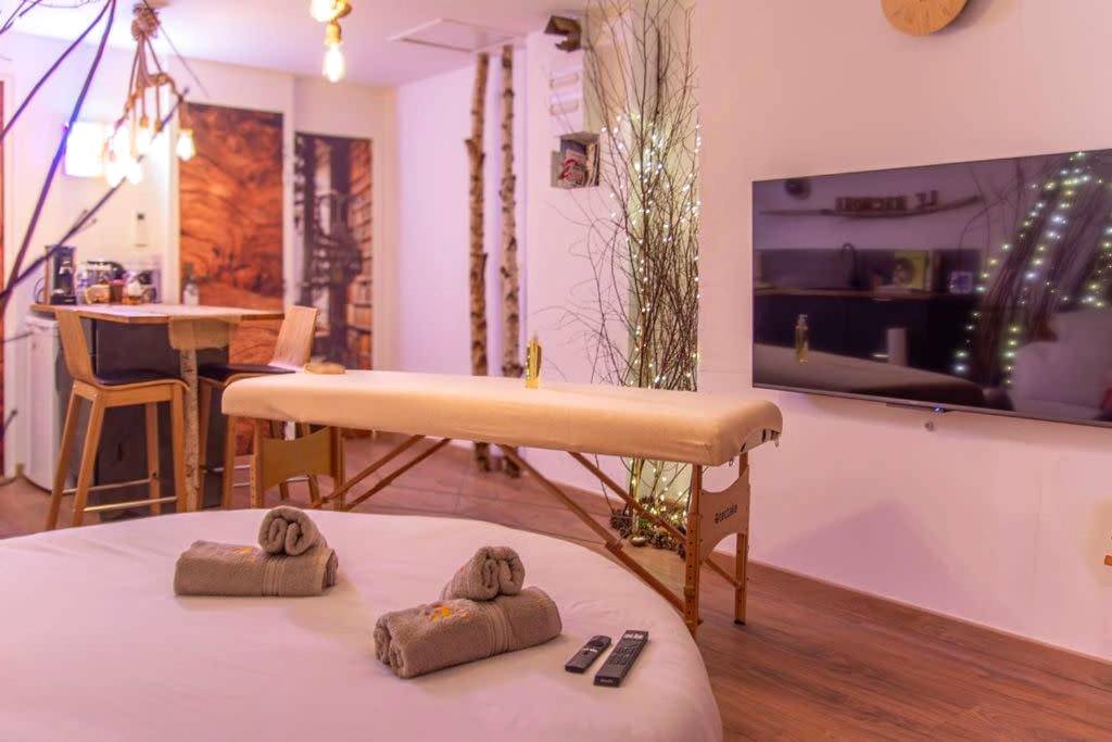 Table de massage face à un grand écran plat - Le Nichoir Cosy : Évasion Bien - être et Massage