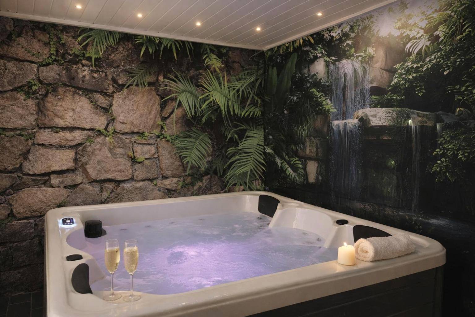Jacuzzi privatif avec décor tropical et champagne - Gite au nid d'Ange