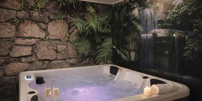 Jacuzzi privatif avec décor tropical et champagne - Gite au nid d'Ange