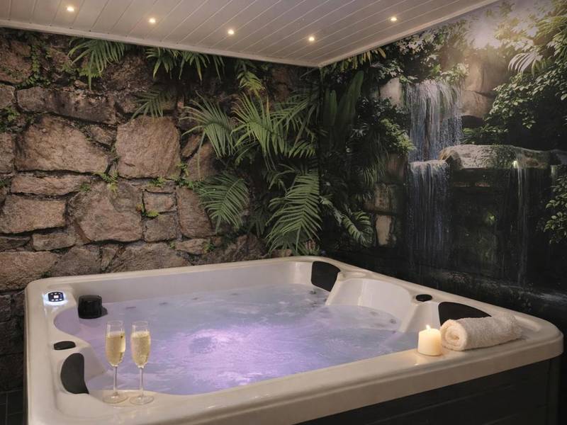 Jacuzzi privatif avec décor tropical et champagne - Gite au nid d'Ange