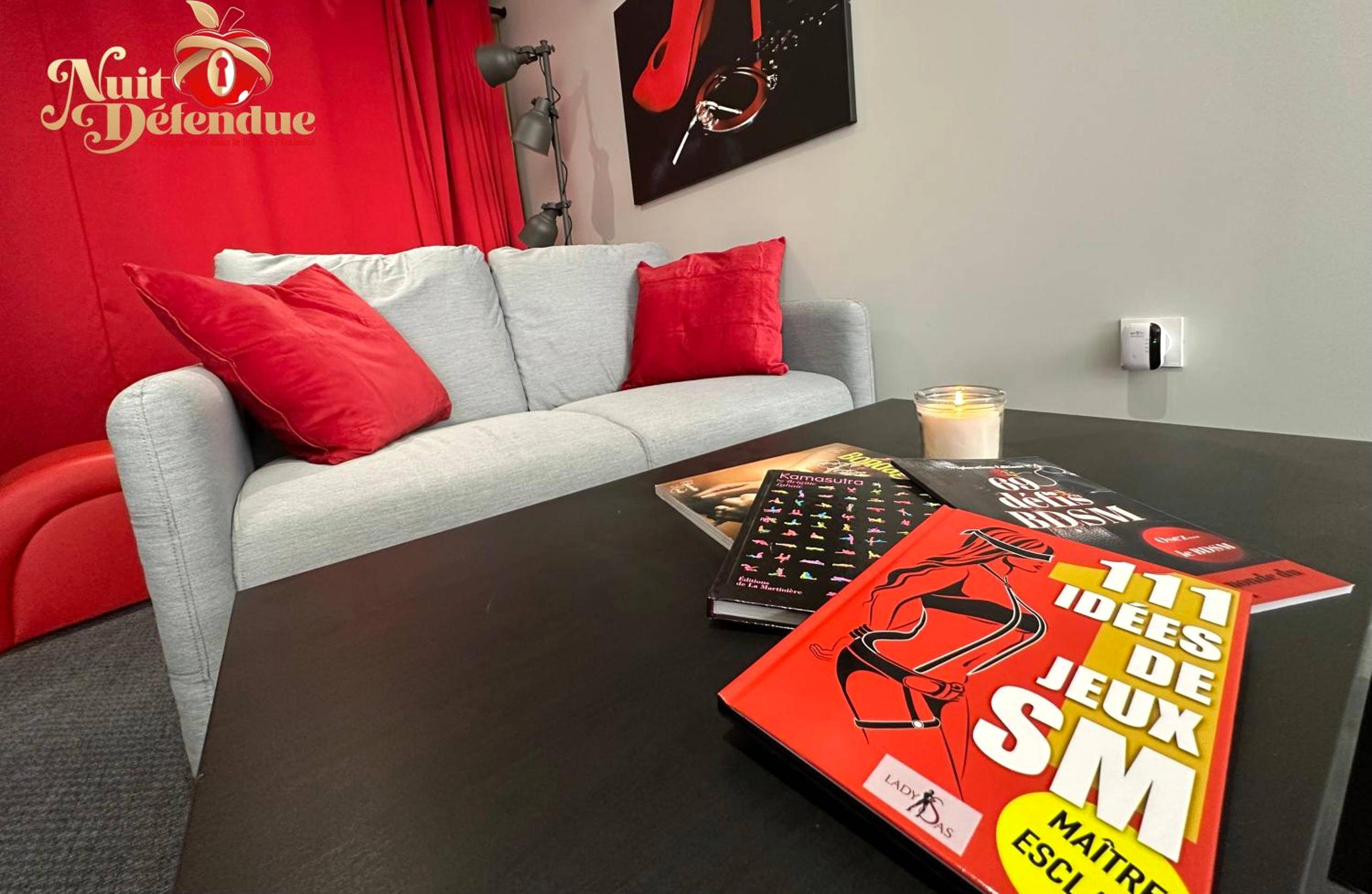 Salon avec canapé et livres thématiques - Nuit Défendue Jacuzzi - Sauna