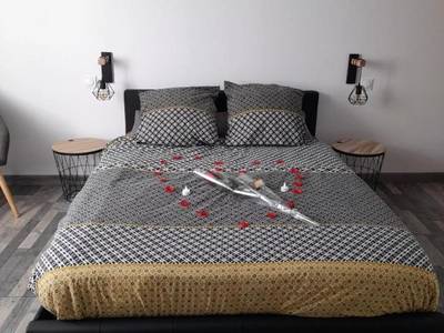 Lit double avec pétales de rose en cœur - Nuit romantique