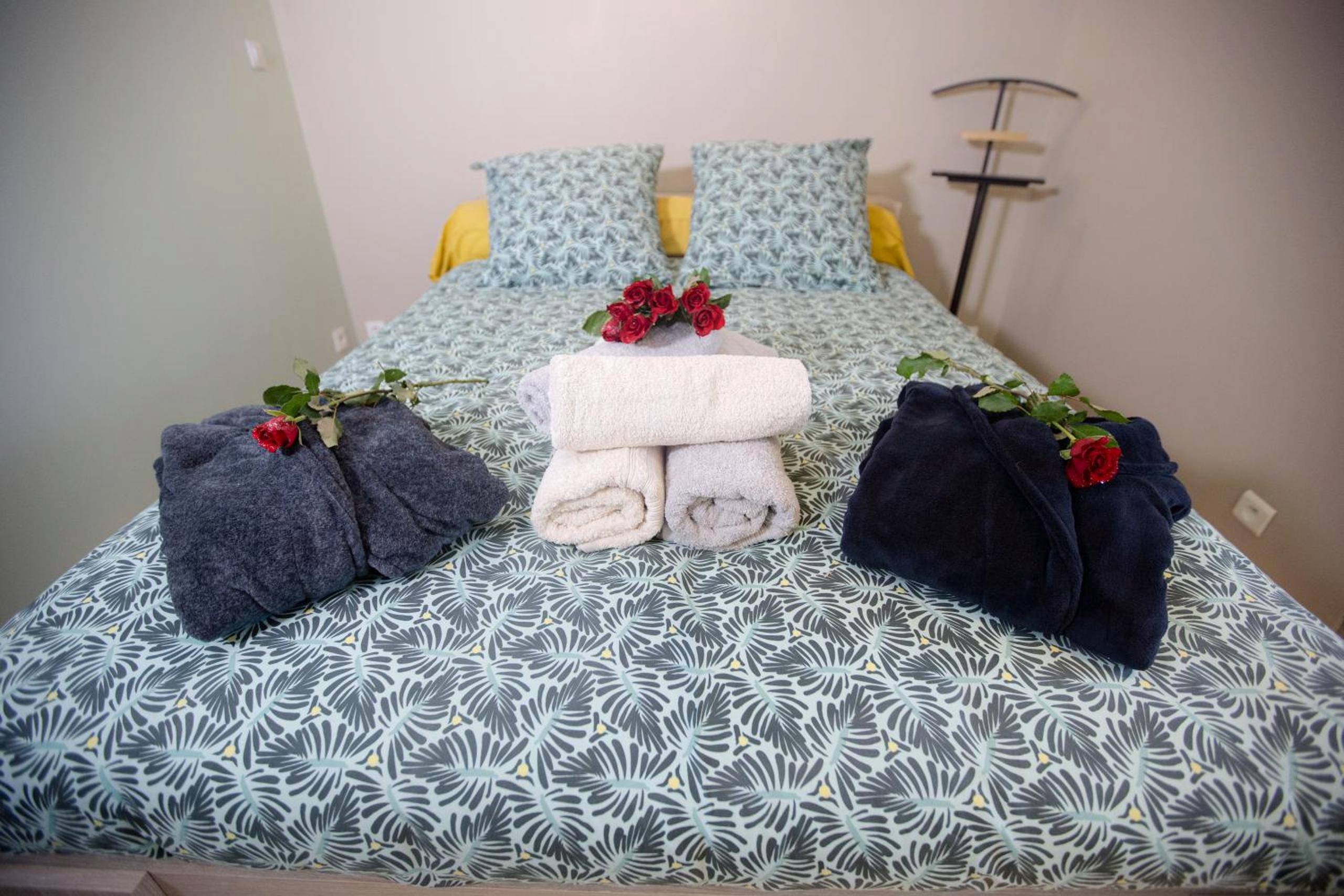 Lit double avec peignoirs et roses rouges - ODYSSEE l'expérience commence ici JACUZZI