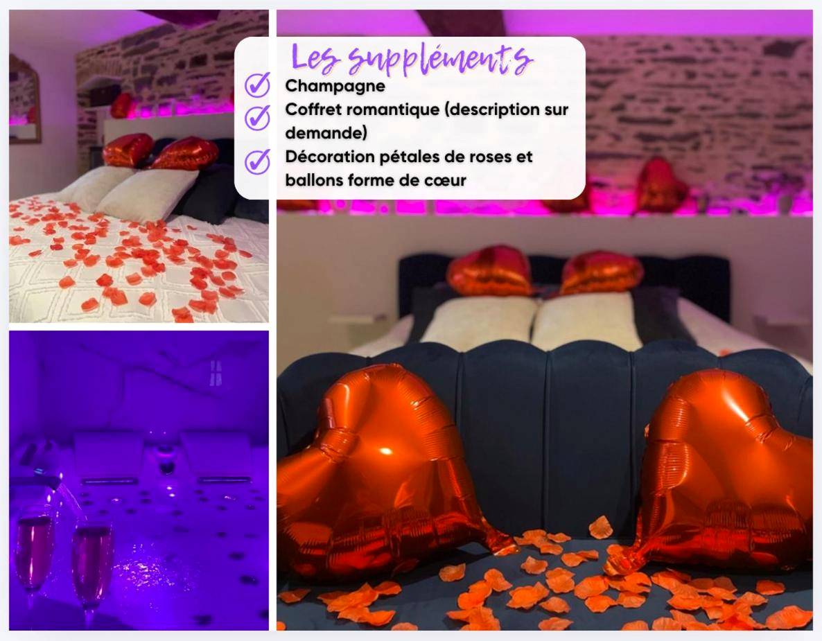 Lit avec pétales de rose et ballons cœurs - Ombre et Douceur