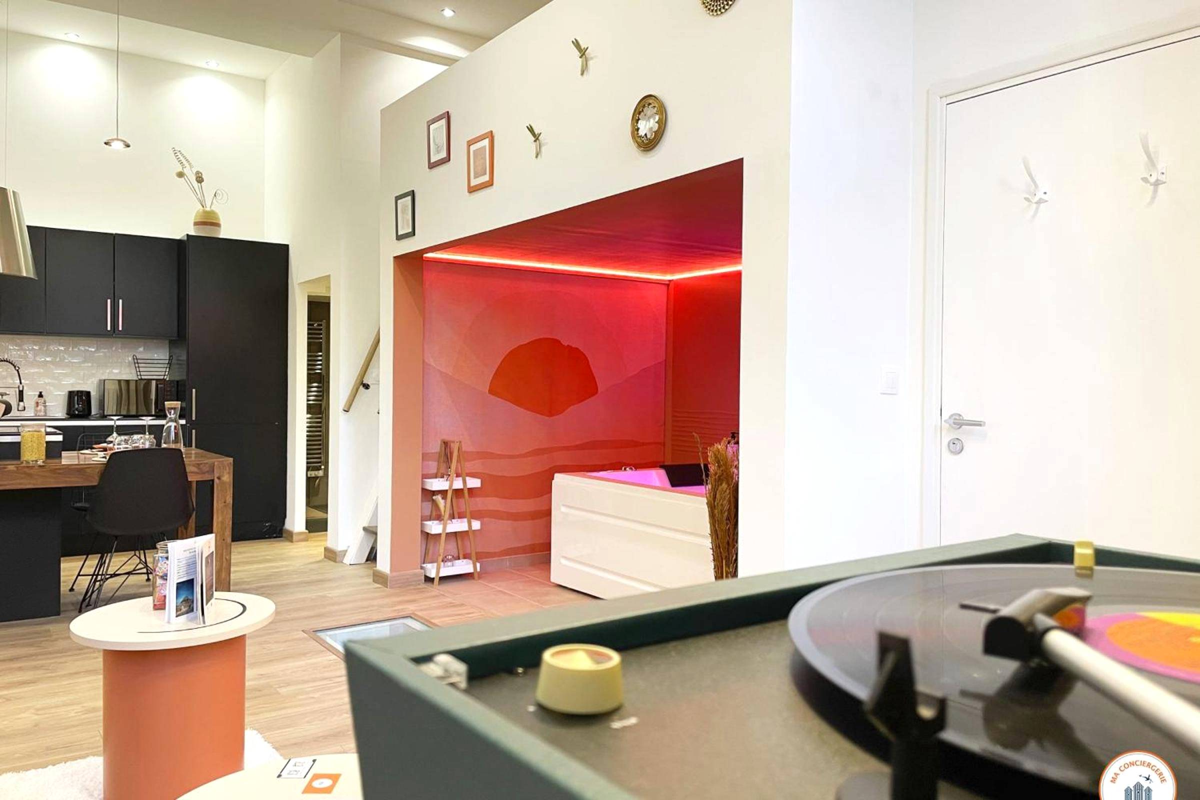 Vue d'ensemble avec coin balnéo et platine vinyle - l'Orient - Express - Jacuzzi SPA - Parking - Loft