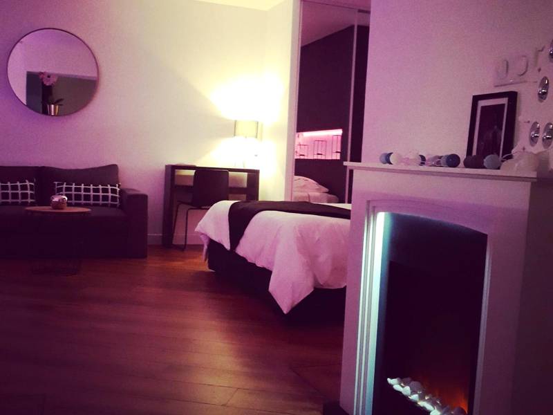 Salon avec cheminée décorative et lit en fond - La Pause Romantique