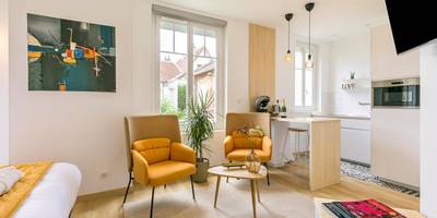 Salon moderne avec fauteuils jaunes et cuisine - Relax Spa, avec jacuzzi à Dijon