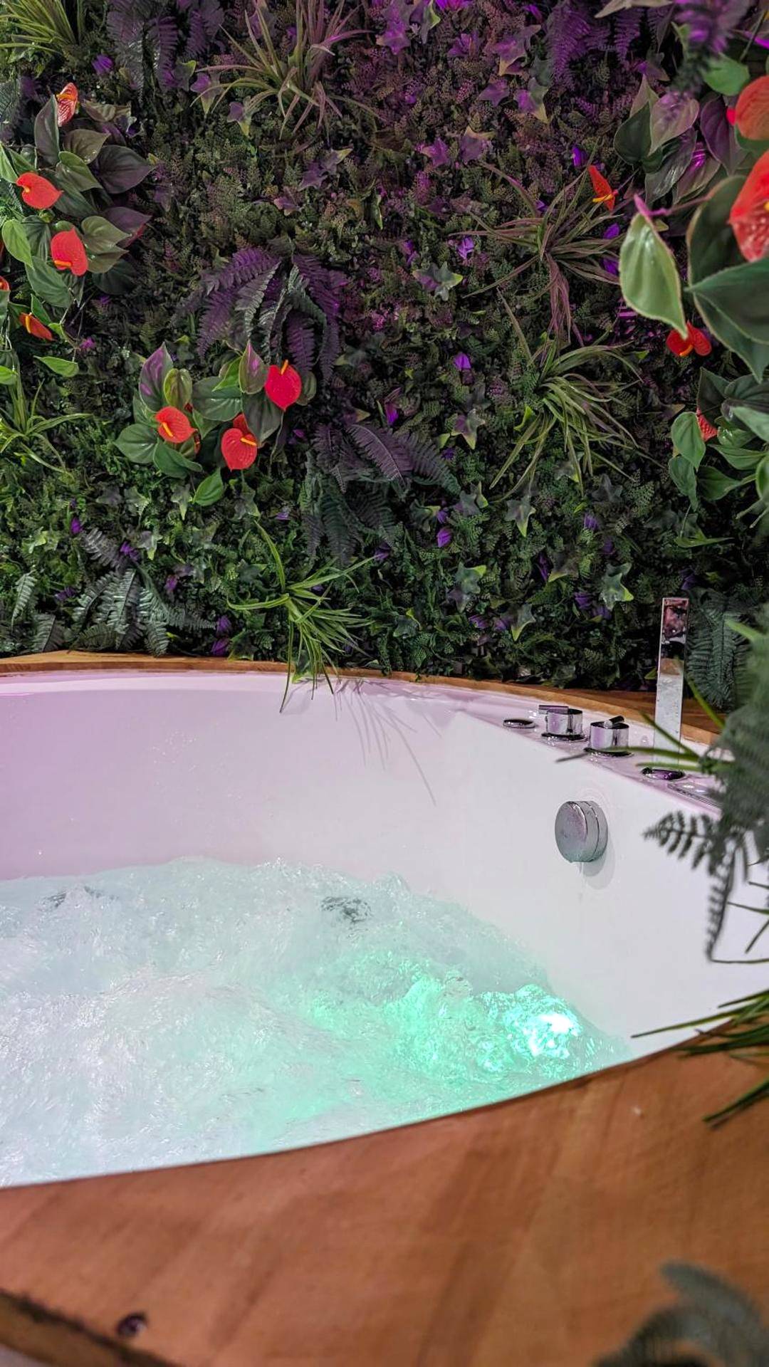 Jacuzzi avec mur végétal et éclairage LED - Love Room La Garde - SUITE Roch'amore troglodyte Romantique et Unique
