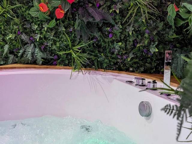 Jacuzzi avec mur végétal et éclairage LED - Love Room La Garde - SUITE Roch'amore troglodyte Romantique et Unique