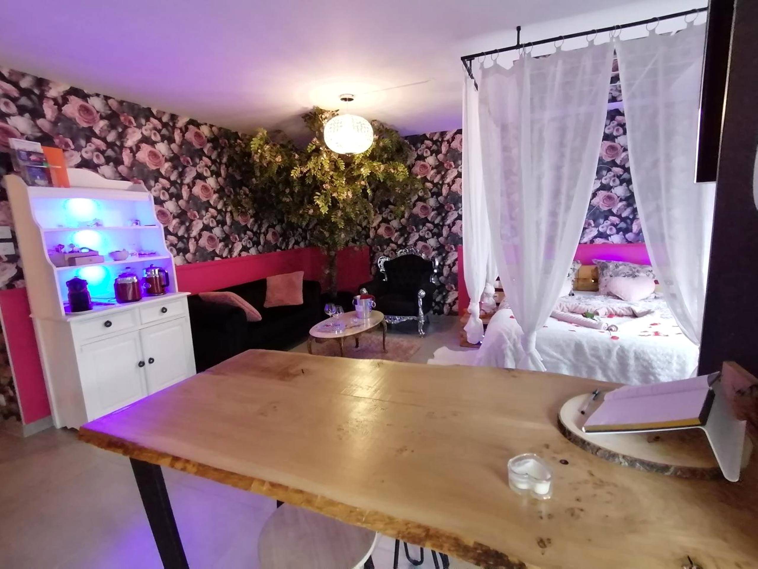 Vue d'ensemble du séjour avec ambiance tamisée - Romantisme et glamour 2 avec spa , clim et jardin