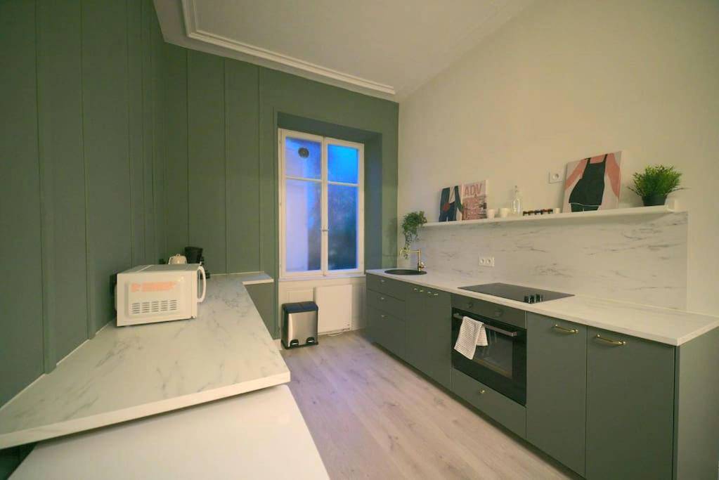Cuisine équipée moderne aux tons vert gris - Suite Élégante Centre - Royal Room jacuzzi haut de gamme centre ville