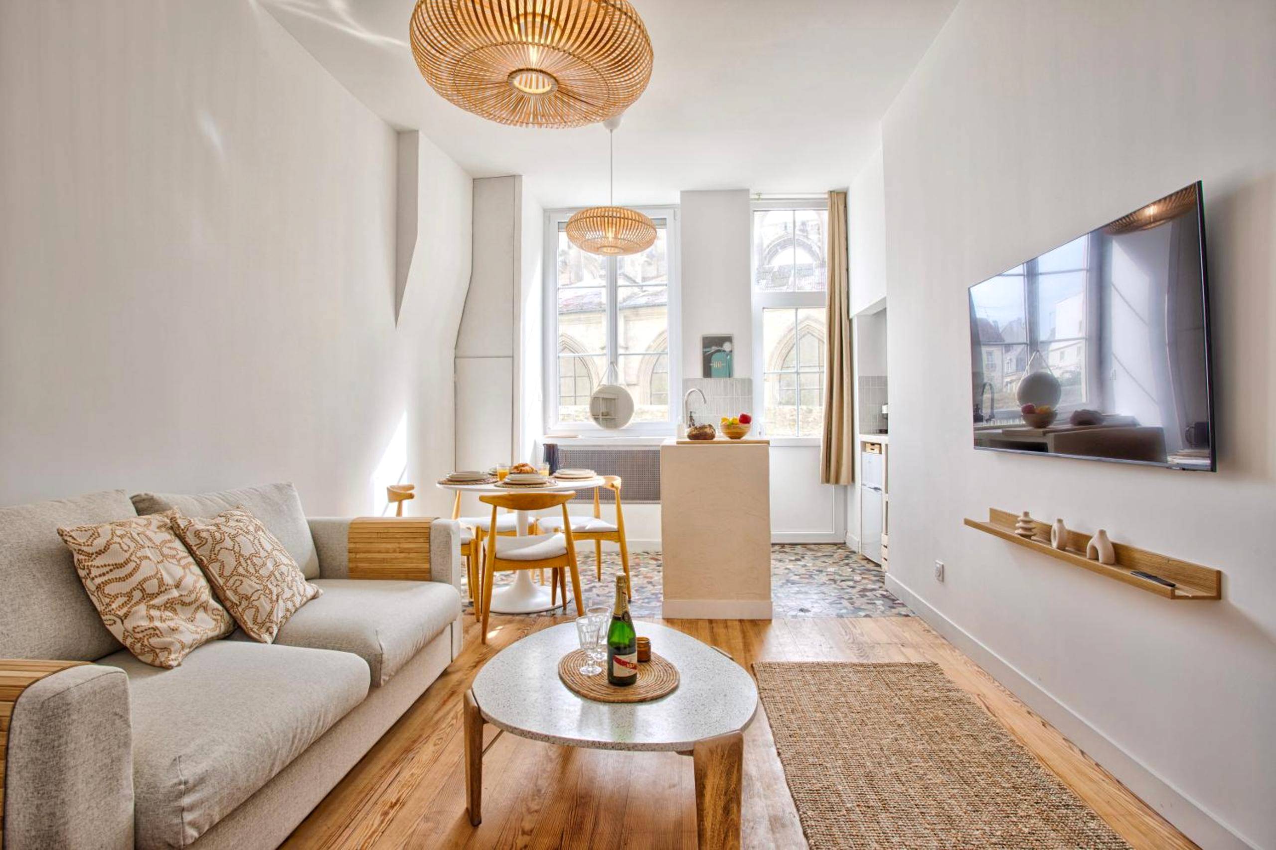 Séjour avec canapé gris et télévision murale - Le Saint - Sauveur - Balneotherapy Bathtub - Hypercentre