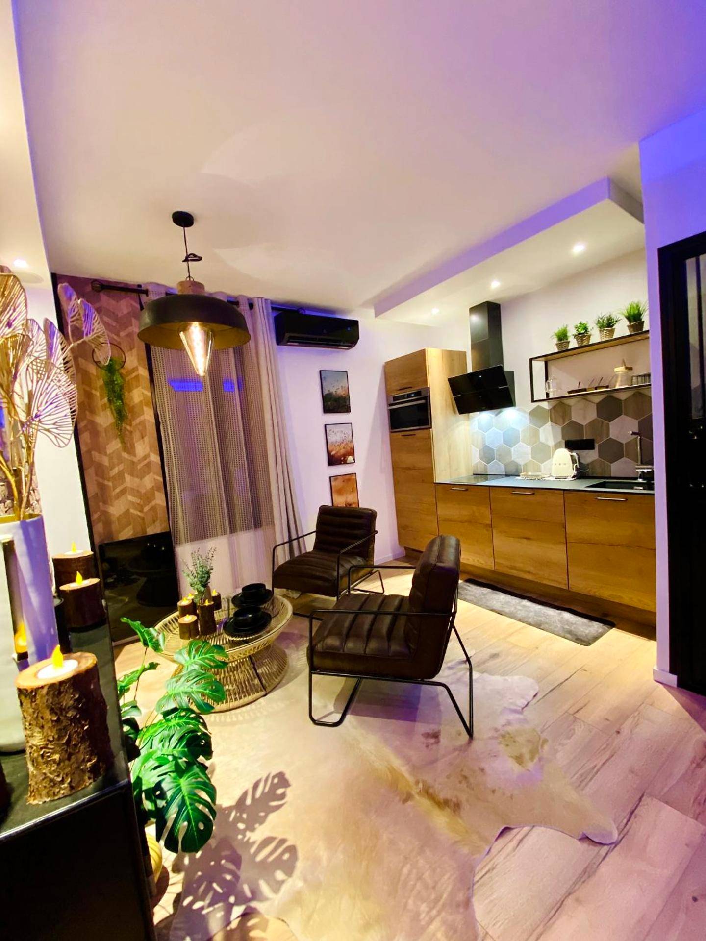 Salon avec fauteuils en cuir et cuisine équipée - Saphir Spa - Sauna Balnéo Chromothérapie Massage