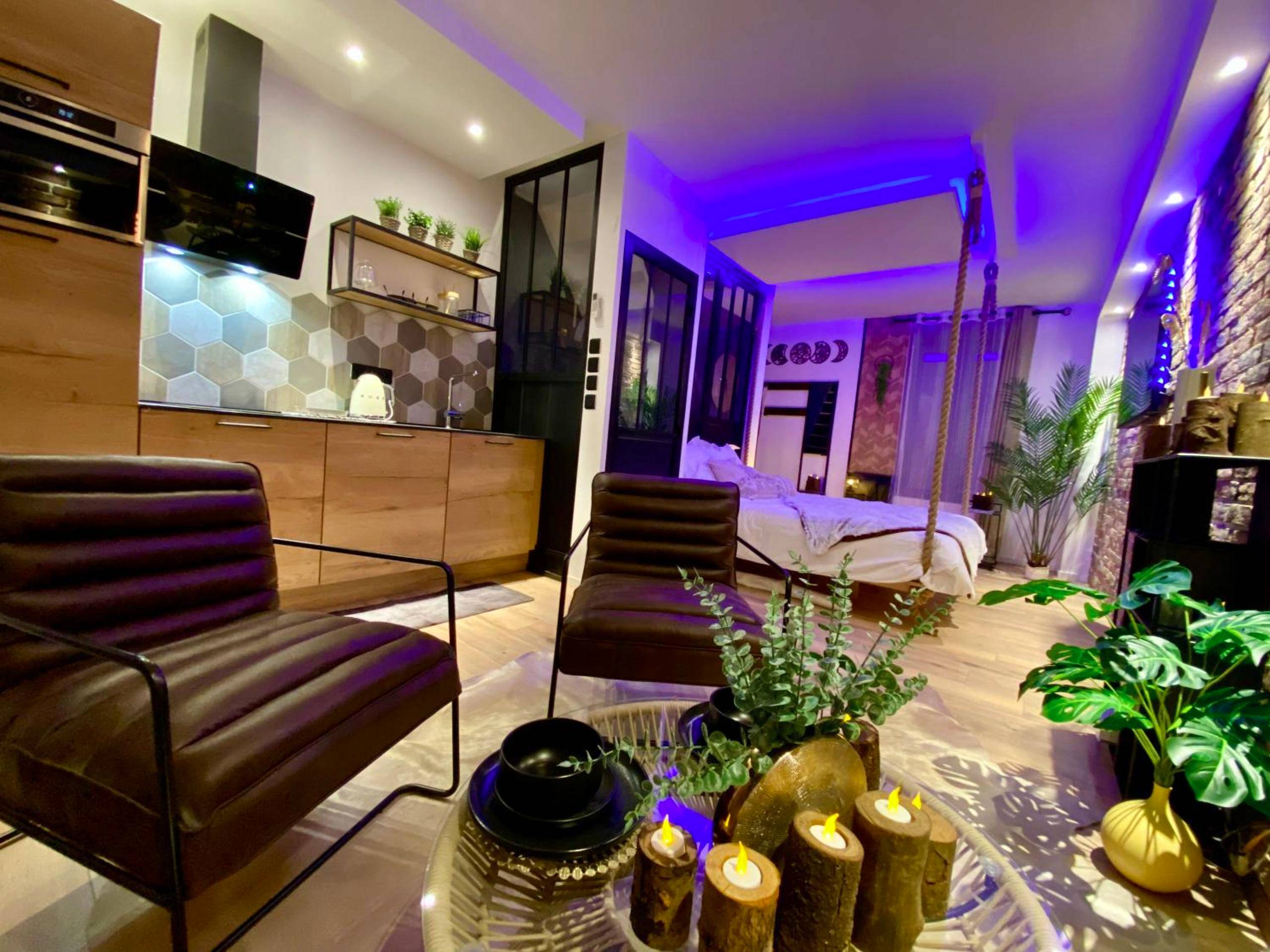 Espace de vie ouvert avec salon et lit suspendu - Saphir Spa - Sauna Balnéo Chromothérapie Massage