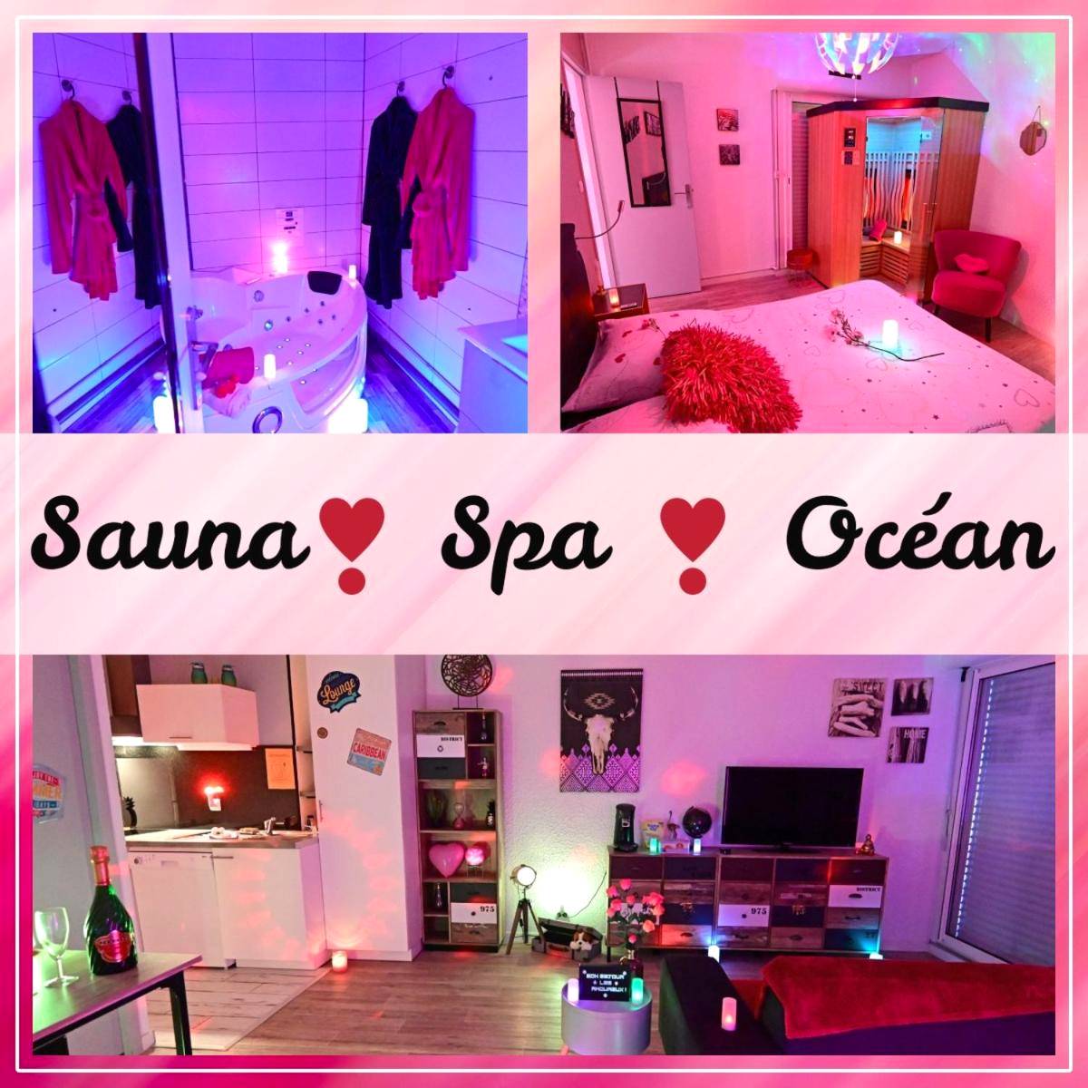 Montage photo du spa, sauna et salon - Love Room Biscarrosse - Luxe Sauna Privatif et Grand bain Jacuzzi à deux à...
