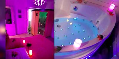 Jacuzzi d'angle avec éclairage LED bleu - Luxe Sauna Privatif et Grand bain Jacuzzi à deux à Biscarosse Plage pour Nuit...