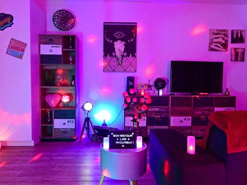 Espace séjour avec télévision et déco romantique - Luxe Sauna Privatif et Grand bain Jacuzzi à deux à Biscarosse Plage...