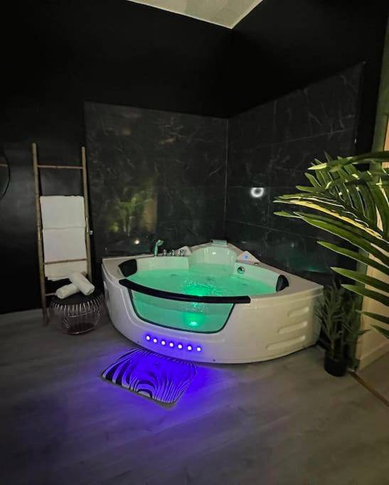 Baignoire balnéo lumineuse dans décor sombre - la savane room