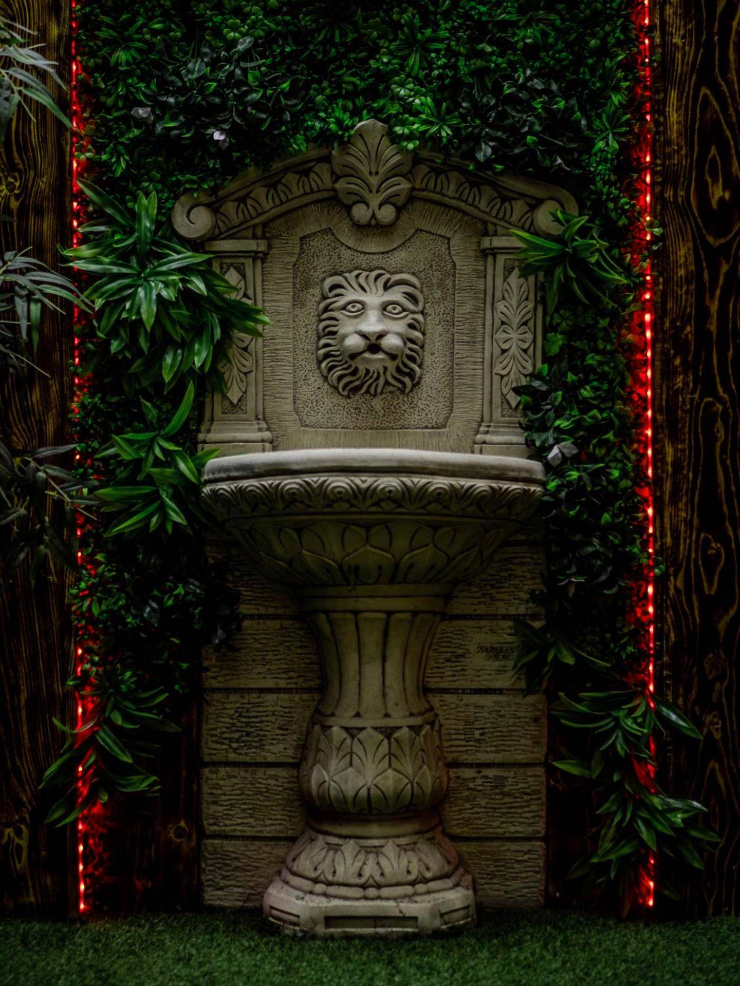 Fontaine murale tête de lion et mur végétal - Shiny Cloud Love Room