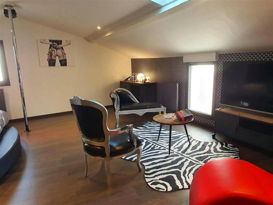 Coin détente avec tapis zèbre et télévision - Love room avec spa privatif