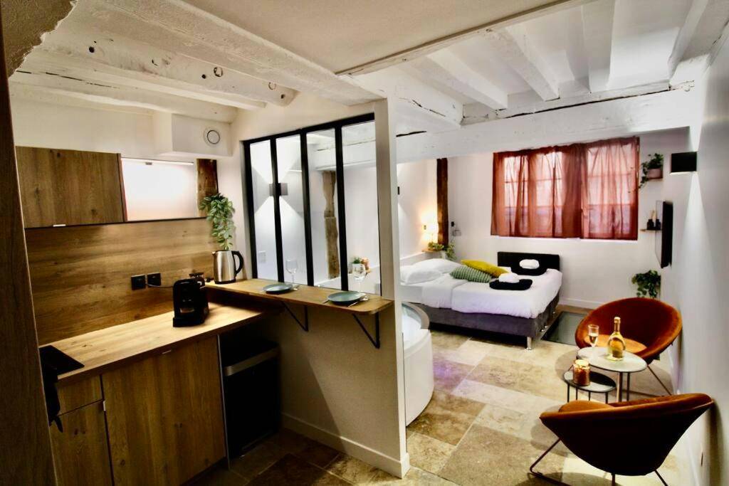 Espace cuisine ouverte sur salon et chambre - Le Spa Beauvoisine - Jacuzzi Sauna Rouen centre Free parking