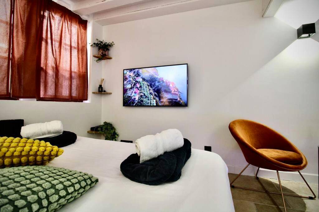 Écran plat mural face au lit et fauteuil design - Le Spa Beauvoisine - Jacuzzi Sauna Rouen centre Free parking