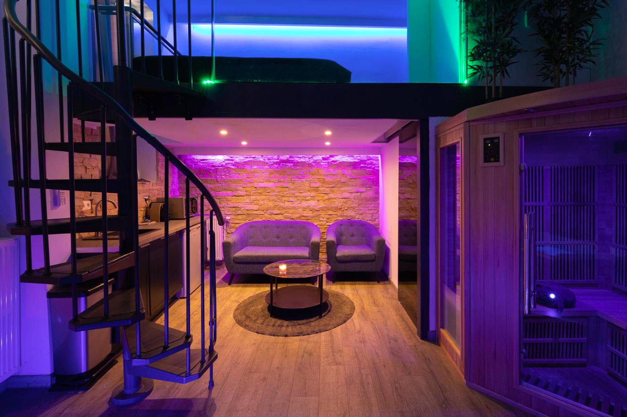 Salon avec mur en pierre et sauna privatif - Spa - privatif