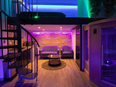 Salon avec mur en pierre et sauna privatif - Spa - privatif