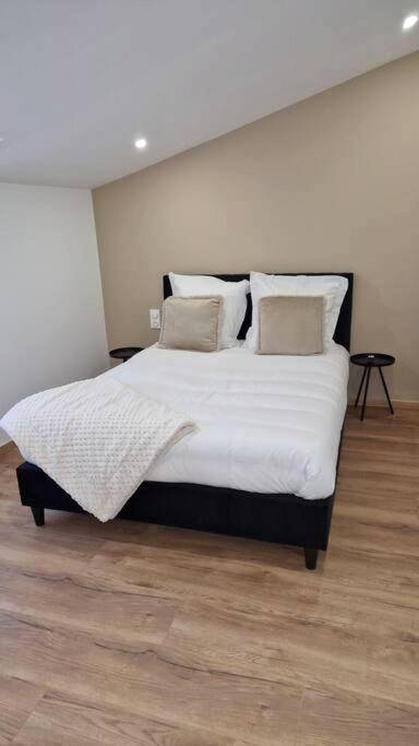 Lit double avec jeté de lit sur parquet - Spa des ducs loft 1