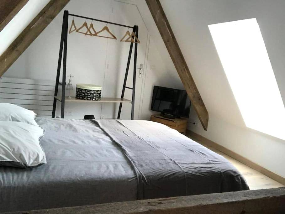 Lit double en mezzanine sous velux - Spa privatif à la ferme - Haut de gamme - Atypique