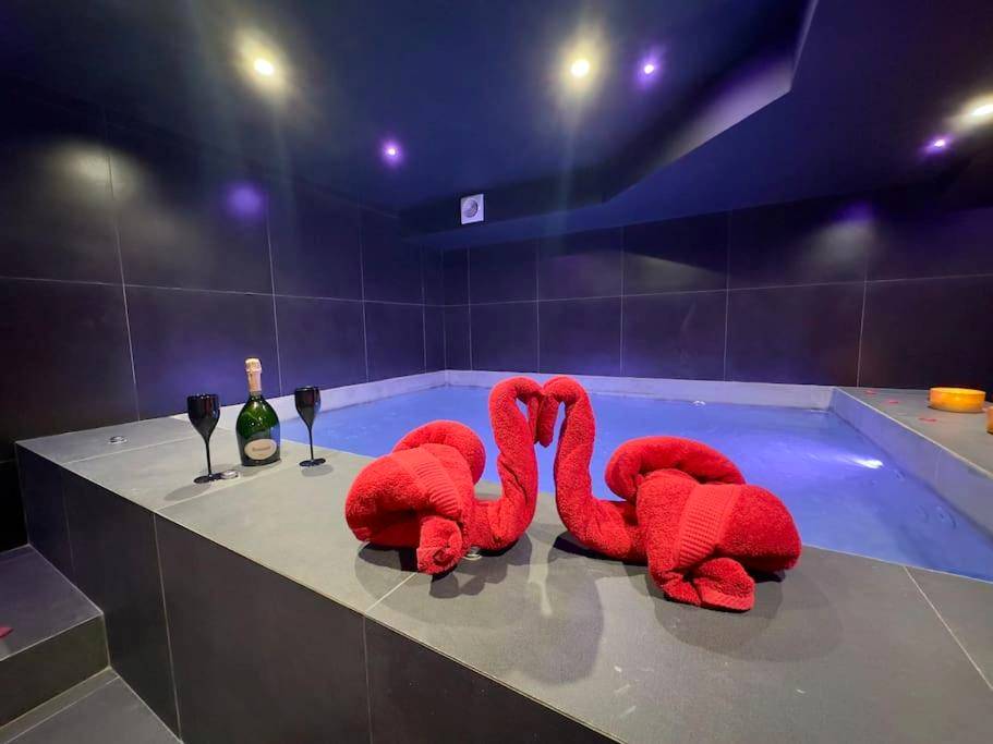 Jacuzzi privatif avec cygnes en serviettes - Love Room L'Escarène - SPA JACUZZI et table massage