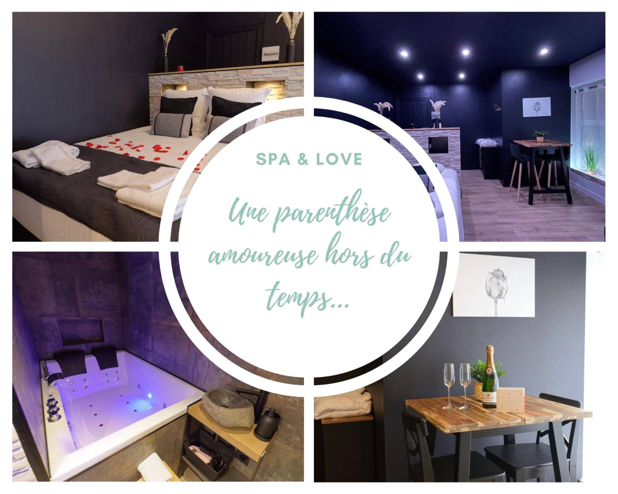 Jacuzzi privatif avec éclairage bleu et vasque - Love Room Aulnat - Spa & Love - Balnéo - Queen size - Cocooning