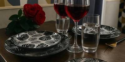 Table dressée avec verres de vin et roses - Studio & Balnéo privatif