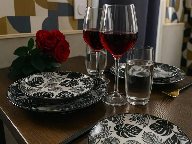 Table dressée avec verres de vin et roses - Studio & Balnéo privatif
