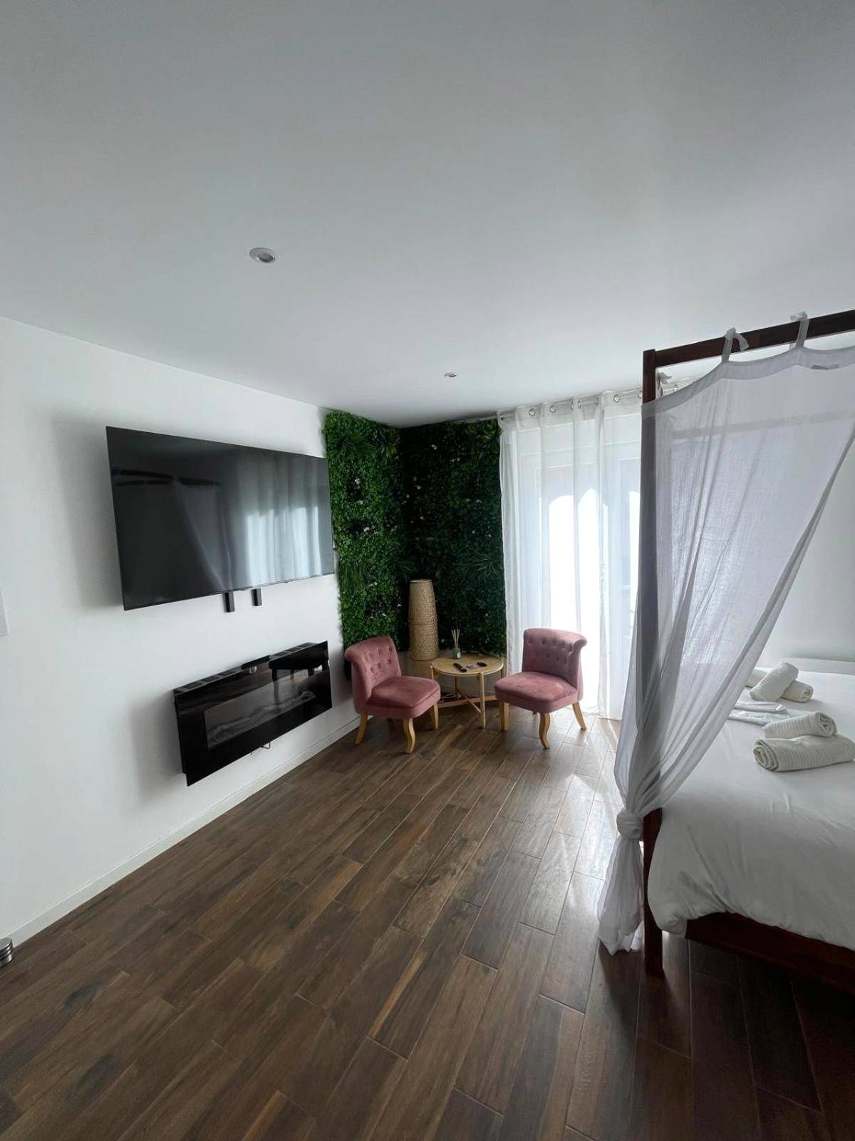 Espace salon avec TV, cheminée et mur végétal - La Suite Bali Jacuzzi,Sauna,Netflix,Disney