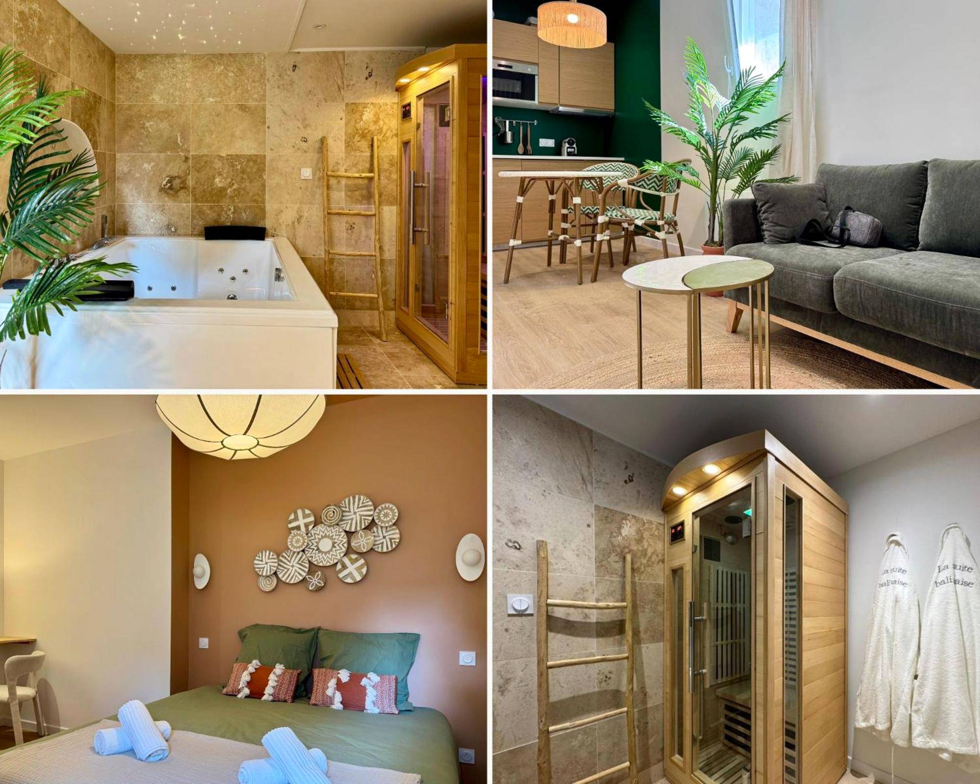 Salon avec canapé gris et coin cuisine - La Suite Balinaise