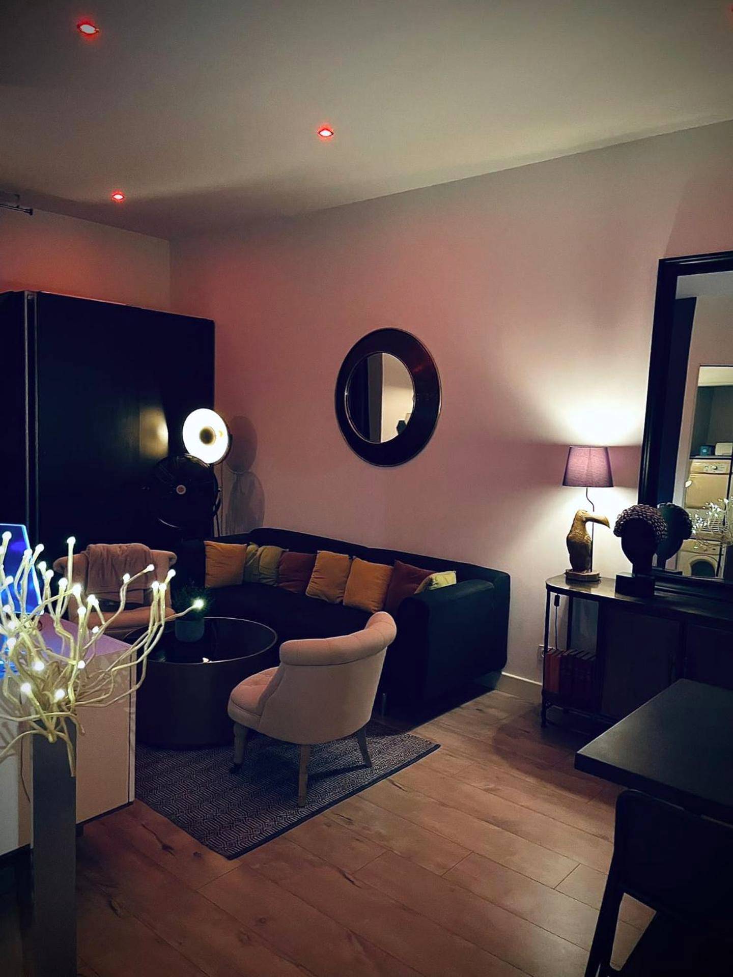 Salon avec canapé sombre et fauteuil beige - Suite Darcy & Spa