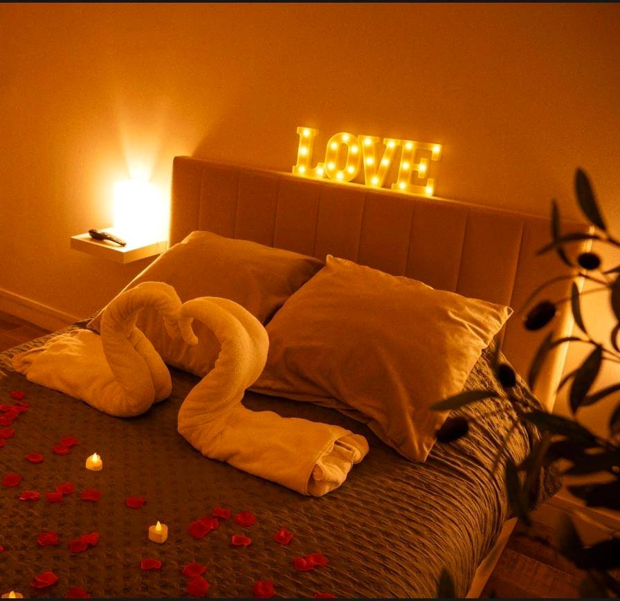 Lit avec cygnes en serviettes et pétales - La Suite Delma