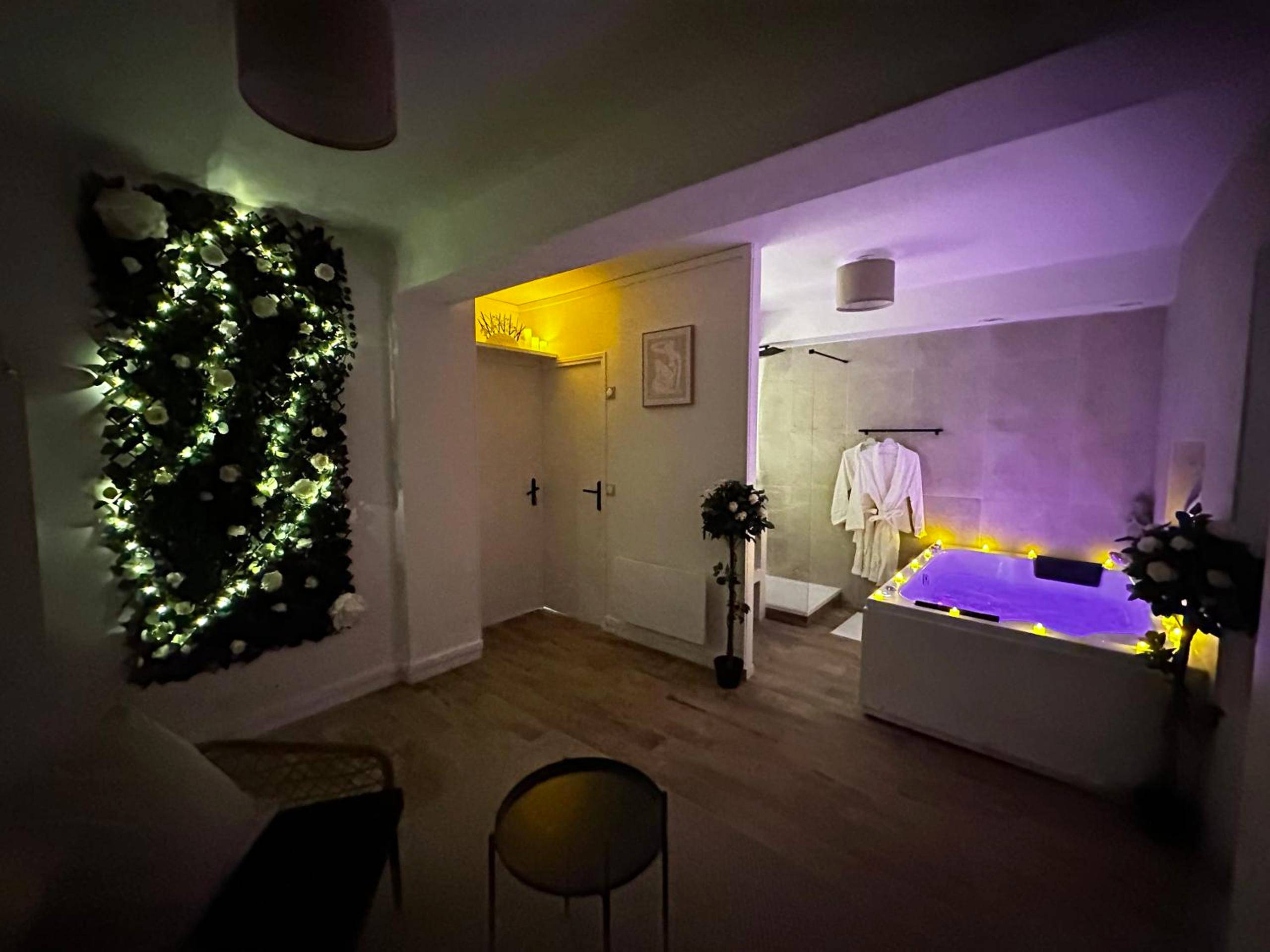 Salon avec mur végétal lumineux et jacuzzi - La Suite Delma